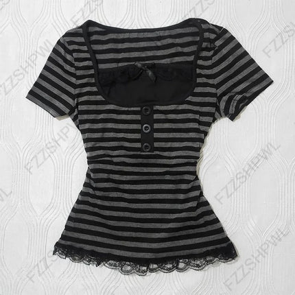 Gothic Harajuku Y2K Women's Crop Top Casual Slim Fit Striped Lace Bow Button Design Short Sleeve T-Shirt Chic Trendy Streetwear