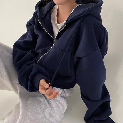 2025 Autumn Winter New Fashionable Short Women's Hoodie Thickened Fleece Warm Solid Color Zipper Casual Comfortable Sweatshirt