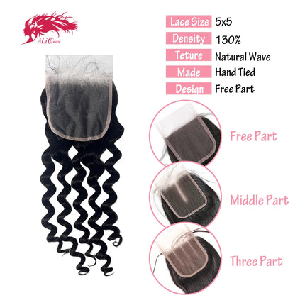 Ali Queen Hair Natural Wave 4x4 5x5 Lace Closure Human Hair HD Lace Frontal Original Raw Hair Free Part Pre plucked