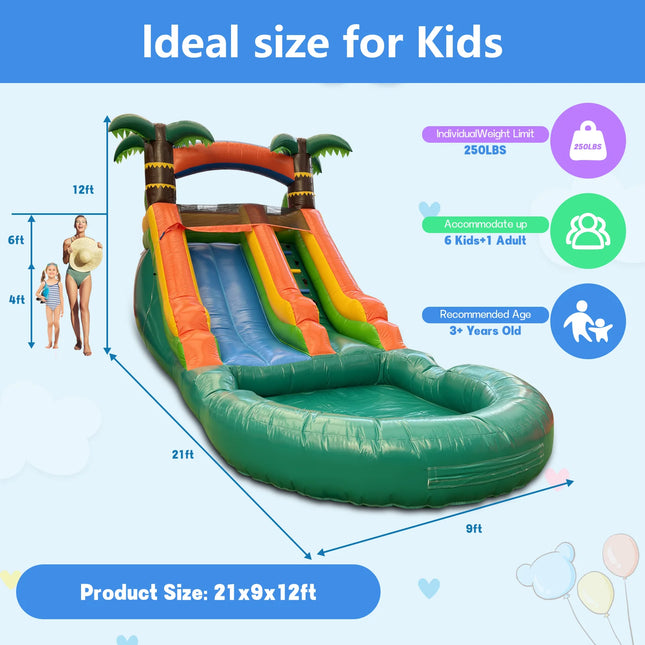 21ft Portable Jungle Water Slide for Kids Thickened Commercial PVC Inflatable Play Center Outdoor Backyard Lawn Summer Swimming Pool Birthday Party (without Blower)