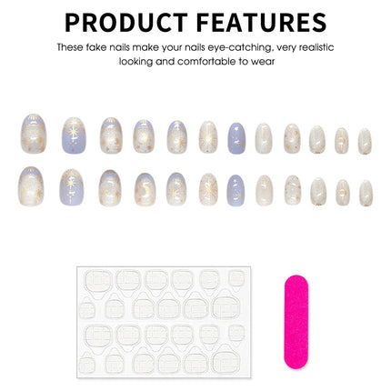 24pcs Romantic Y2k Star Press On Nails Gradient Blue French Style Gold Moon Designs Fake Nail Sweet Almond False Nails For Women