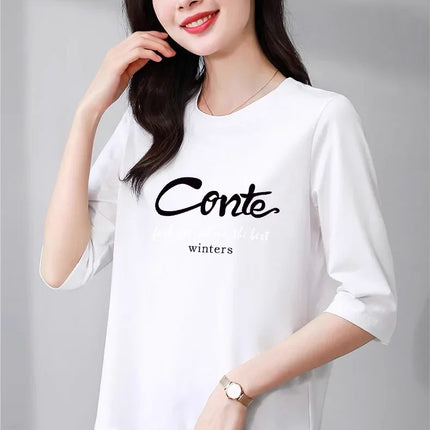 High-End Pure Cotton T-Shirt Women's Summer 3/4 Sleeve 2025 New Korean Style Fashionable Simple Slimming Top Body Shirt