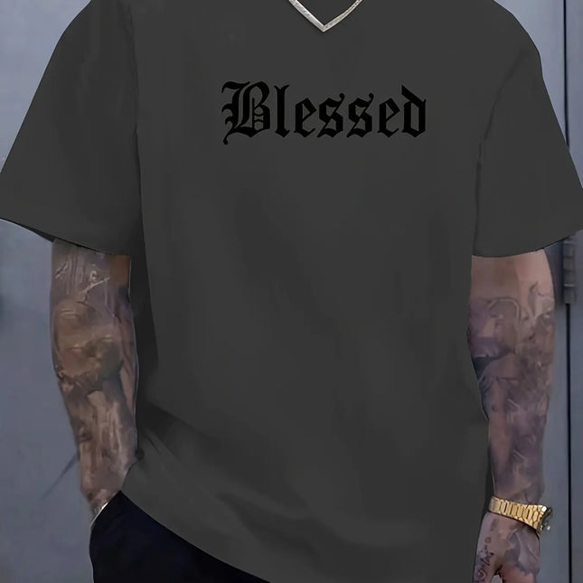 Men's summer 100% pure cotton fashionable casual loose Blessed letter pattern printed sports round neck short sleeved T-shirt