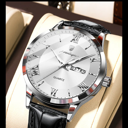 POEDAGAR Classic Luxury Men's Wristwatch Date Week Leather Business Man Watch Waterproof Luminous Fashion Quartz Watches For Men
