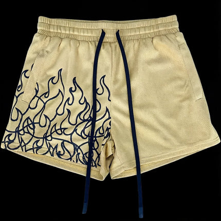Men's Flame Print Casual Sports Shorts Breathable Mesh Adjustable Drawstring Waist Loose Fit Summer Street Daily Wear Trendy