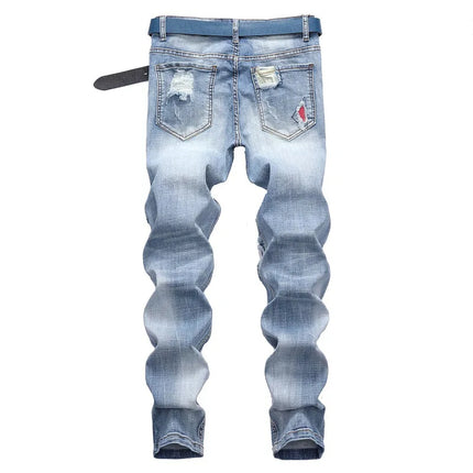 New Men's Personalized Ripped Jeans Light Blue Streetwear Stretch Straight Slim Fit Casual Motorcycle Denim Trousers Male