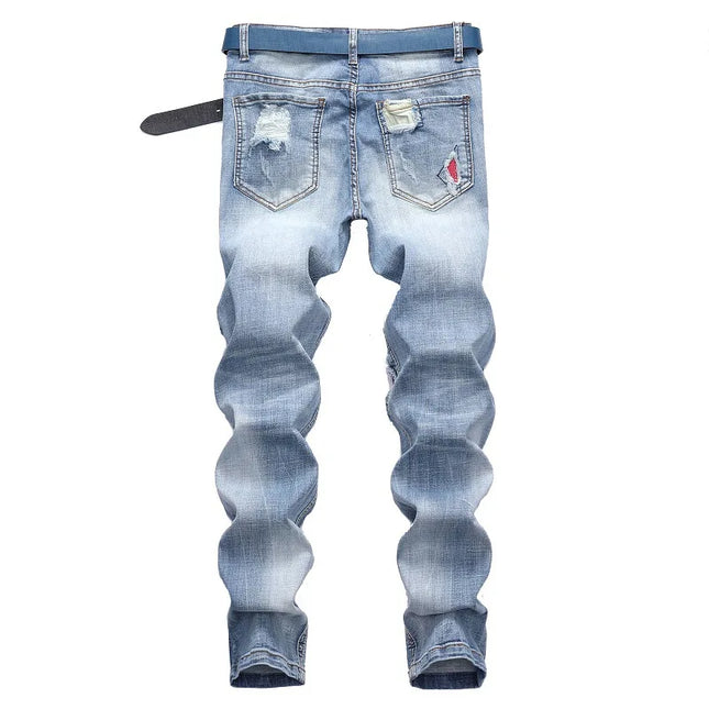 New Men's Personalized Ripped Jeans Light Blue Streetwear Stretch Straight Slim Fit Casual Motorcycle Denim Trousers Male