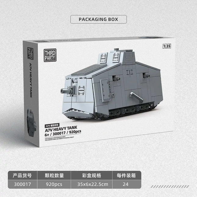 World War I Assault Tank 920pcs A7V Heavy Tank Building Blocks Classic Tank Vehicle Military Bricks Toys for Kids Adults Gifts