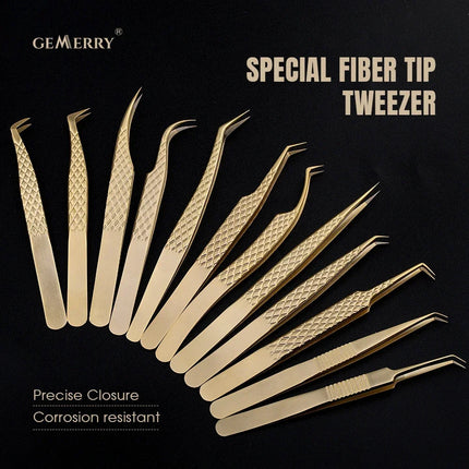 Gemerry  Eyelash Extension Tweezers With Fiber Tips Golden Stainless Steel High Precision Tweezer for Volume Fans Makeup Tools