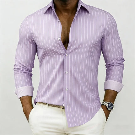 New men's striped shirt, outdoor street style, business casual, lapel collar, long sleeves, versatile and fashionable men's top.