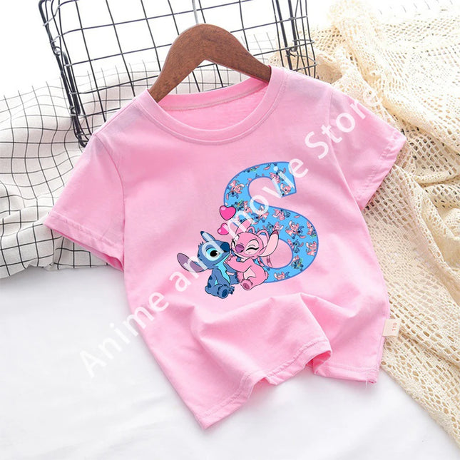 Stitch Disney T Shirt for Girls Children Clothes Tops Children's Clothing Letter A-Z Cotton Short Sleeve Summer Child Cute Gifts