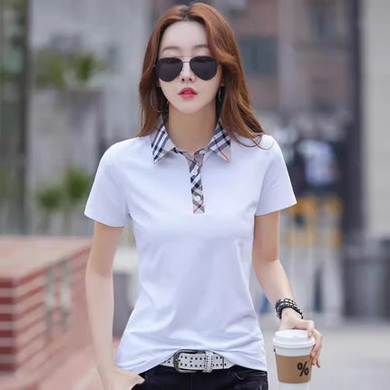 Korean version short sleeved t-shirt women's summer new fashionable light luxury plaid loose and slimming sports lapel top