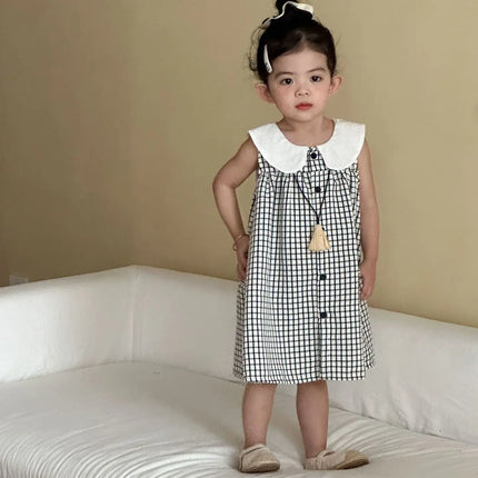 RAISE 2026 Summer Children Outfit Muslin Peter Pan Collar Kids Girls Sleeveless Dress Thin Plaid Tank Top Vest+loose Shorts Suit