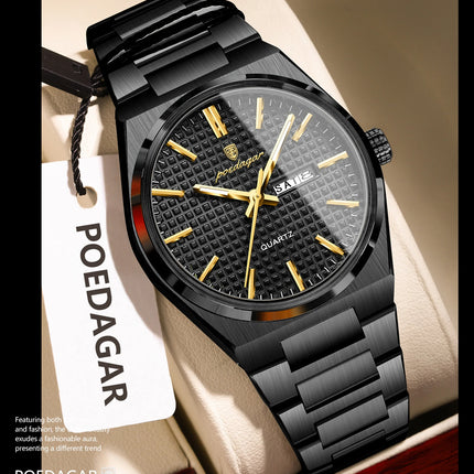 POEDAGAR Luxury Fashion Men's Wristwatch Waterproof Luminous Date Week Man Clock Stainless Steel Quartz Business Watches For Men