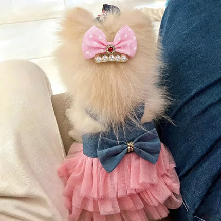 Dog Dress Girls Summer Clothes for Dogs Cat with Bowknot Clips Lace Striped Pet Suspenders Puppy Princess Dresses Dog Tutu Skirt