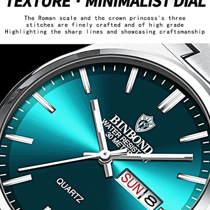 BINBOND 102 Couple Quartz Watch Men's Original Watch Waterproof Night Light Date Week Stainless Steel Men's and Women's Watch