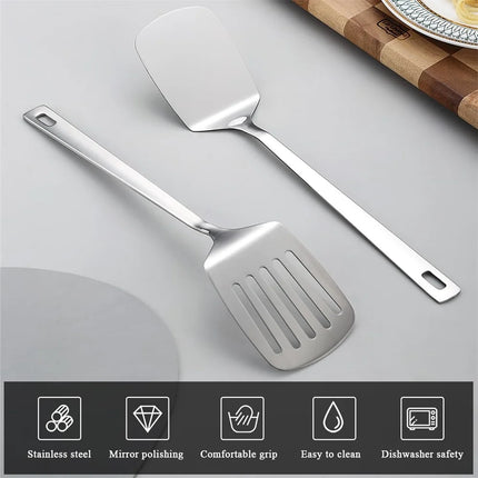 2pack Spatulas Set Stainless Steel Silver Slotted Turner and Solid Turner BBQ Spatulas Cooking Utensils for Fish, Eggs, Pancakes