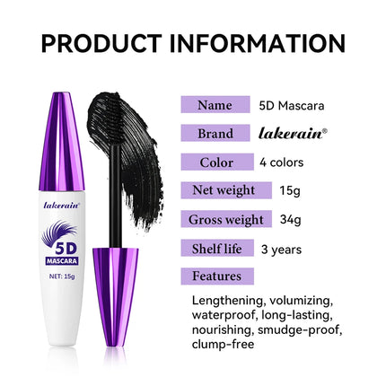 Lakerain 5D Mascara Eyelashes Lengthening Long-Lasting Intense Black Waterproof Nourishing Smudge-Proof Mascara Eye Makeup