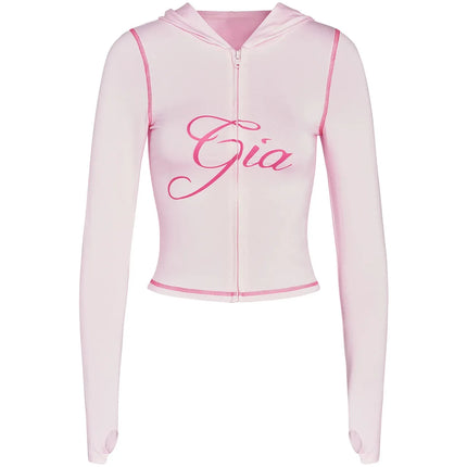 Gia Slim-Fit Letter Print Topstitching Design Hooded Zip-Up Jacket and Pants Set