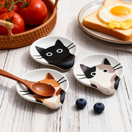 1PC Cat-Shaped Ceramic Spoon Rest, Cute Pet Pattern Dipping Sauce Dish, Multi-Color Spoon Holder & Snack Tray, Heat-Resistant &