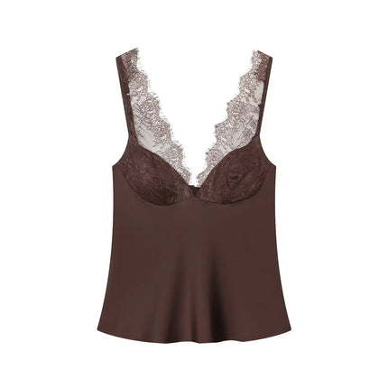 HH Elegant Women's Lace Splice Sexy Satin Sling Top 2026 Spring Summer Fashion Female V-Neck Backless Slimming Underwear Vest
