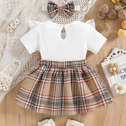 Baby Girl Summer Fashion Cute Casual Round Neck Ruffle Lace Decoration Short Sleeved Waist Large Bow Plaid Splicing Design