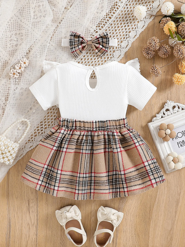 Baby Girl Summer Fashion Cute Casual Round Neck Ruffle Lace Trim Short Sleeve Empire Waist Large Bow Plaid Splicing Design
