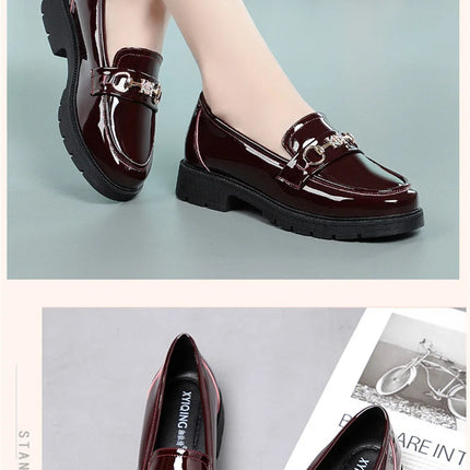 Women's Mary Jane Platform Shoes Round Head Spring New Metal Chain Casual Soft Patent Leather Slip on Loafers Office Size 35-41