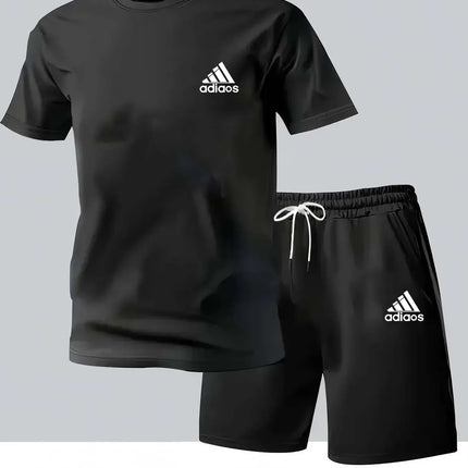 New summer fitness sportswear for men, short-sleeved T-shirt and shorts two-piece set, breathable and quick-drying casual wear.