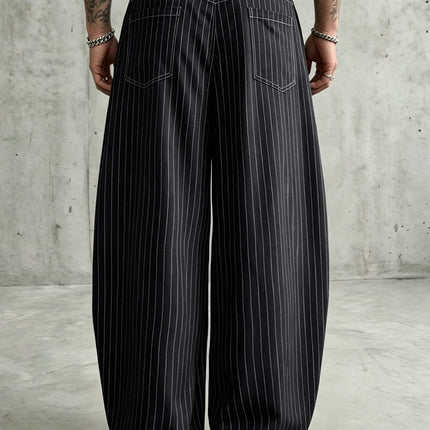 Vintage Pinstripe Mens Oversized Barrel Banana Wide Leg Trousers Anti-Wrinkle Baggy Loose Striped Pants Polyester Spandex Blend