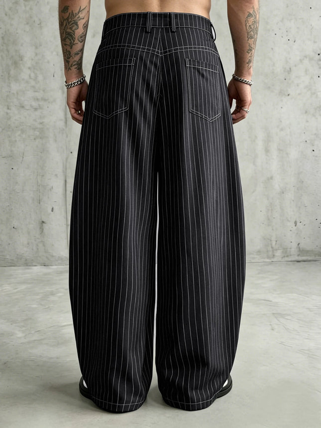 Vintage Pinstripe Mens Oversized Barrel Banana Wide Leg Trousers Anti-Wrinkle Baggy Loose Striped Pants Polyester Spandex Blend