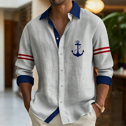 2026 Summer New Men's Long-Sleeve Shirt, Contrasting Collar with Anchor Print, Fashionable Casual Hawaiian Shirt, XS-6XL