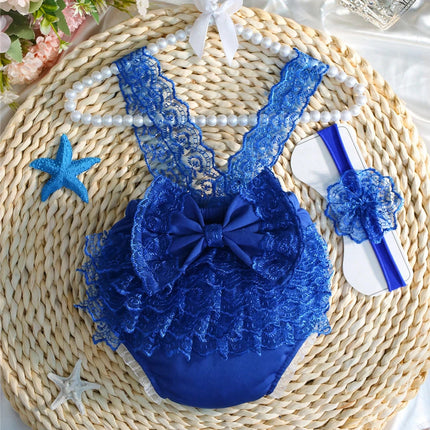 Ylsteed Newborn Photography Outfits Big Bowknot Baby Lace Romper with Hairband Blue Suspender Trousers Photo Shooting Overalls