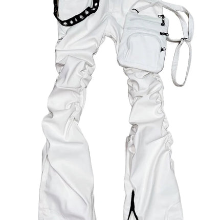 Mauroicardi Spring Autumn Cool Handsome Fitted Long White Pu Leather Ruched Pants for Men Luxury Designer Alternative Clothes