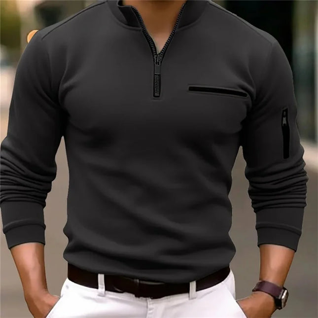 Men's stand-collar half-zip long-sleeved polo shirt, new autumn/winter style casual top with trendy and simple pocket decoration