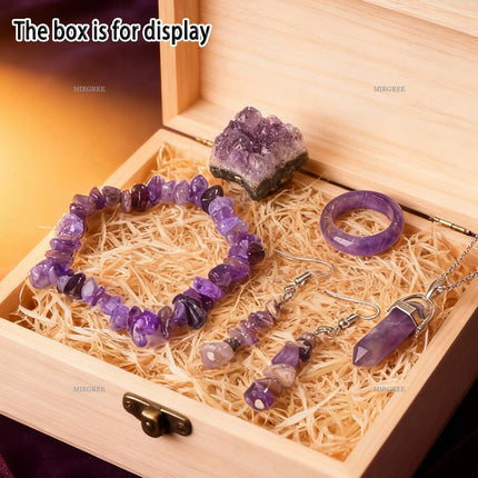 5pcs Natural Amethyst Set - Stone Bracelet, Crystal Pillar Necklace, Ring and Earrings, Healing Crystal Gemstone Accessories