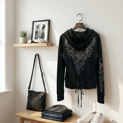 Harajuku Women Black Rhinestone Hip Hop Eagle Wing Zip Up Hoodie Gothic Lace Up Street Y2K Casual Embroidered Rhinestone Hoodie