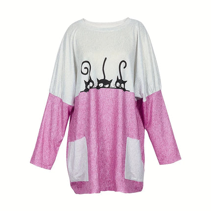 Plus Size 2025 Spring and Summer New Women's Cute Style Casual Tops Patchwork with Pockets Round Neck T-Shirt