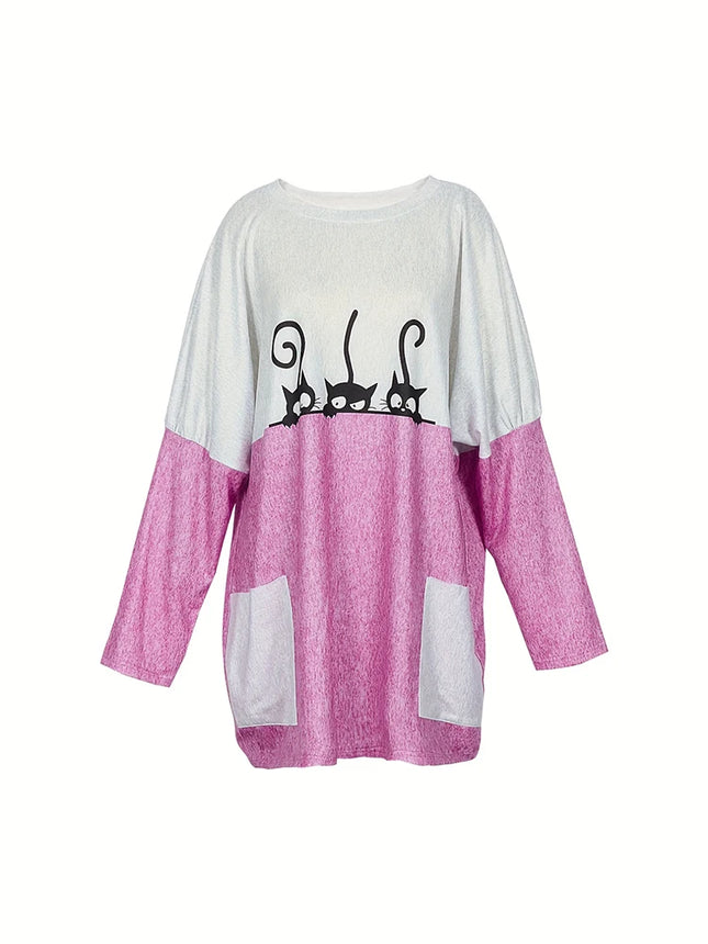 Plus Size 2025 Spring and Summer New Women's Cute Style Casual Tops Patchwork with Pockets Round Neck T-Shirt