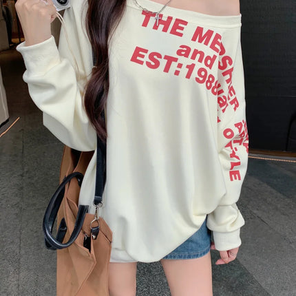Sexy Oversized T-shirt Women Streetwear Letter Print Skew Collar Off Shoulder Long Sleeve Basic Top Korean Fashion Loose T-shirt