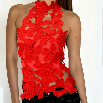 Women Hollow Out 3D Floral Velvet Halter Top Mock Neck Sleeveless Backless Tank Top Sexy Going Out Party Tops Vest