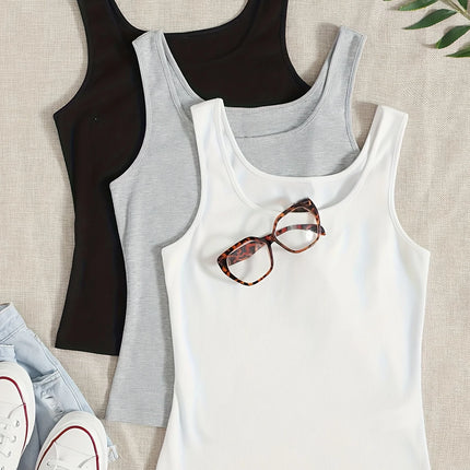 3 Pack Solid Crew Neck Tank Top Casual Sleeveless Top For Spring & Summer Women's Clothing