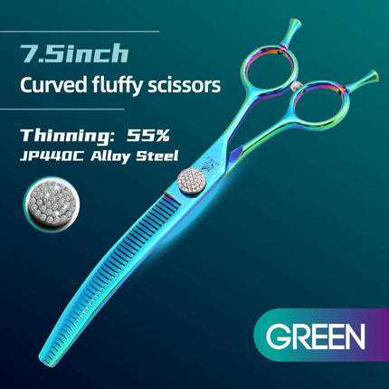 Fenice Grooming Scissors Diamond Screw 7.25 Inch Professional Curved Chunker Scissors Thinner Shears for Pet Groomers Tesoura