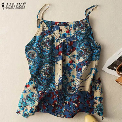 ZANZEA 2023 Summer Women Tanks Camis Cotton Sleeveless Printed Oversized Tops Baggy O-Neck Floral printed Blusas Tunic Tee