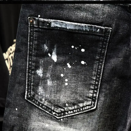 Luxury Brand Designer Clothes Men's Casual Denim Knee-Length Shorts Summer 2024 Fashion Black Patches Paint Jeans Shorts Men