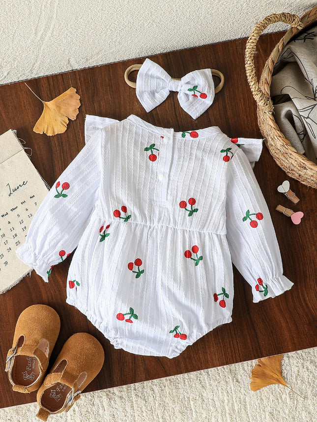 2Pcs Spring&Autumn Toddler Baby Girls Fly Sleeve Rompers Infant Cherry Embroidery Bodysuits Cotton Jumpsuits 0-18 M +Headband