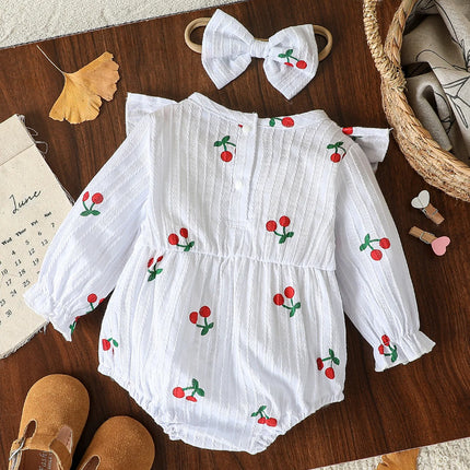 2Pcs Spring&AutumToddler Baby Girls Fly Sleeve Rompers Infant Cherry Embroidery Bodysuits Cotton Jumpsuits 0-18 M +Headband