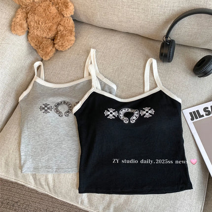 Korean Sweet Spicy Sleeveless Print Vest Women Summer Short Fit Inner Wear Strap Design Commute Top Casual Daily Girl