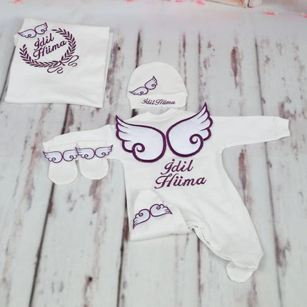 Personalized Name Baby Coming Home Outfit Angle Wing Infant Cotton Romper Onesie Blanket Pregnancy Embroidery Laurel Tree Gift