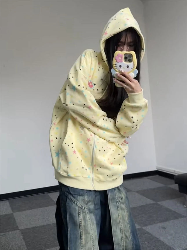 2025 Spring And Autumn New Plus Size Thin Full Stars Print Hooded Coat Collection Casual Fashion Trends Versatile Lazy Wind